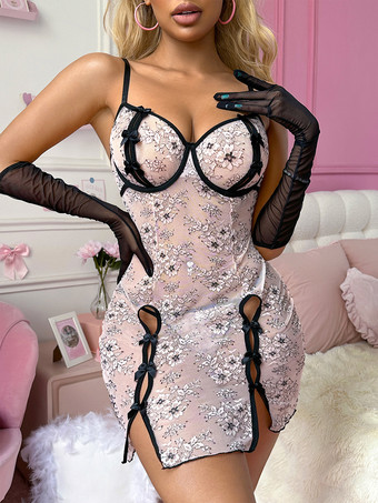 シュミーズ ピンク レース バックレス ノースリーブ セクシー 花柄 レース リボン 太もも丈 スリット ナイトドレス ランジェリー