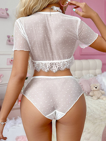 パジャマセット ホワイト シースルー 蝶ネクタイ リボン 水玉 メッシュトップ パンティセット ランジェリー