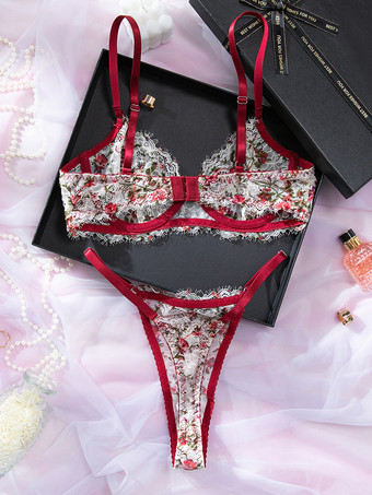 2ピースランジェリー ヴィンテージ プッシュアップ 花柄プリント レース バーガンディ プッシュアップ ブラ ショーツ セット