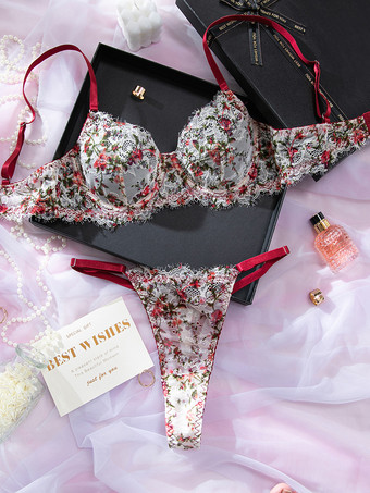 2ピースランジェリー ヴィンテージ プッシュアップ 花柄プリント レース バーガンディ プッシュアップ ブラ ショーツ セット