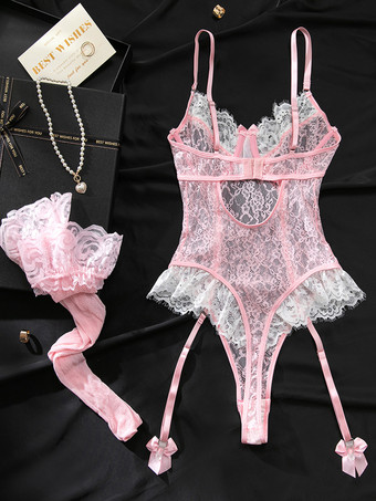 ランジェリー ツートン レース バックレス ピンク カラーブロック セクシー テディ ストッキング付き