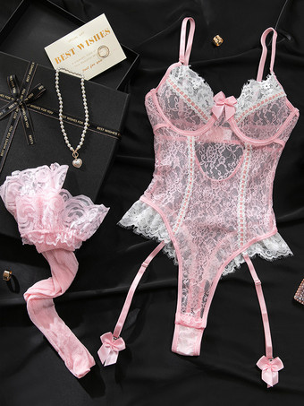 ランジェリー ツートン レース バックレス ピンク カラーブロック セクシー テディ ストッキング付き