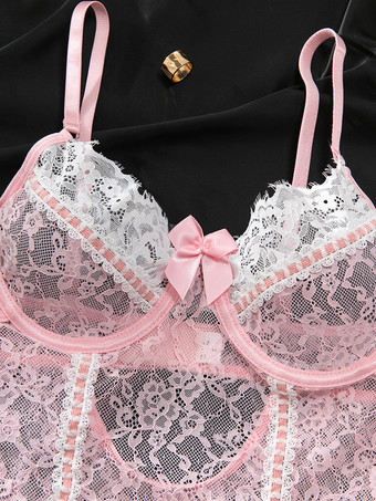 ランジェリー ツートン レース バックレス ピンク カラーブロック セクシー テディ ストッキング付き