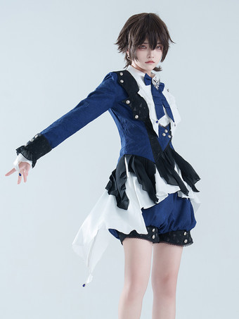 王子ロリータドレス ダークネイビー 長袖 クラシックリボン オーバーコート パンツドレスセット