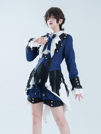 ダークネイビー王子ロリータドレス ダークネイビー 長袖 クラシックリボン オーバーコート パンツドレスセット