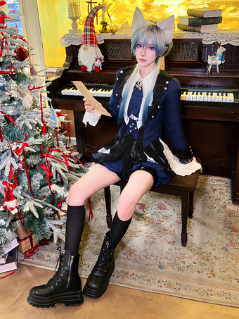 王子ロリータドレス ダークネイビー 長袖 クラシックリボン オーバーコート パンツドレスセット