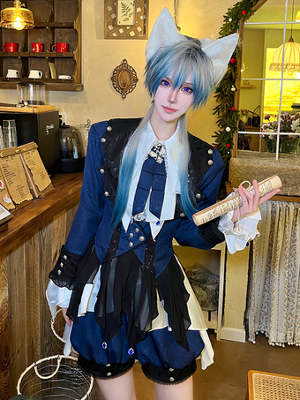 王子ロリータドレス ダークネイビー 長袖 クラシックリボン オーバーコート パンツドレスセット