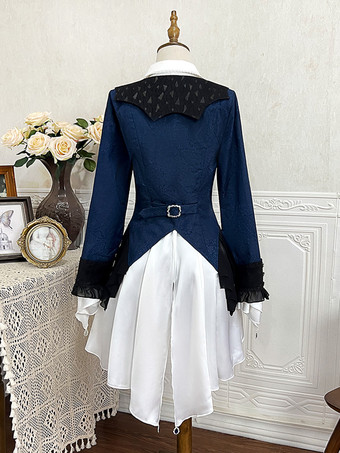 王子ロリータドレス ダークネイビー 長袖 クラシックリボン オーバーコート パンツドレスセット