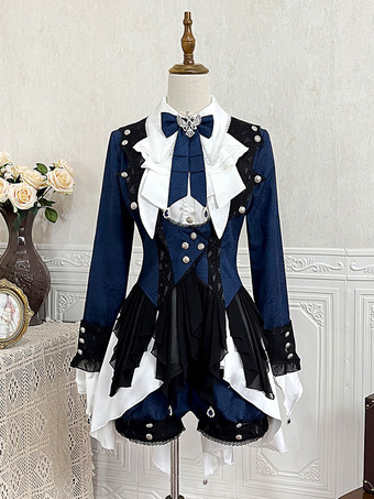 王子ロリータドレス ダークネイビー 長袖 クラシックリボン オーバーコート パンツドレスセット