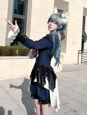 王子ロリータドレス ダークネイビー 長袖 クラシックリボン オーバーコート パンツドレスセット