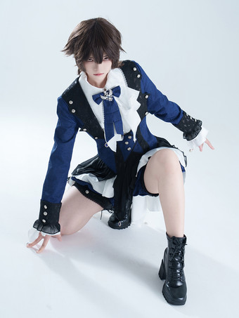 王子ロリータドレス ダークネイビー 長袖 クラシックリボン オーバーコート パンツドレスセット