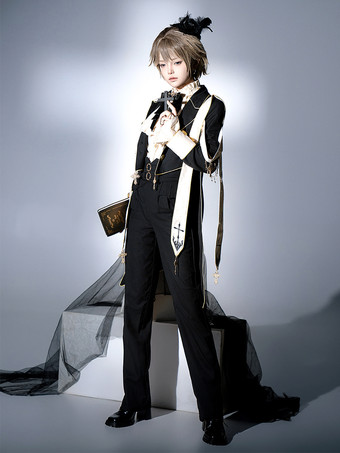 王子 ロリータ ドレス ゴシック ブラック クラシック フリル クロス 長袖 シャツ オーバーコート パンツ セット