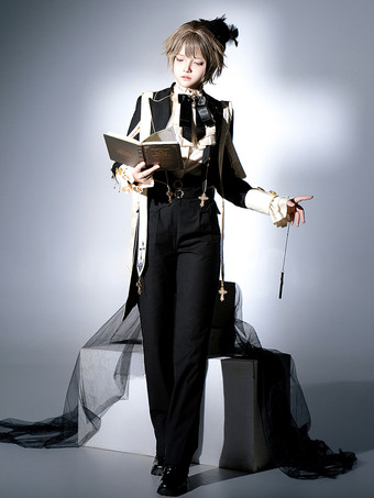 王子 ロリータ ドレス ゴシック ブラック クラシック フリル クロス 長袖 シャツ オーバーコート パンツ セット