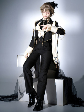 ブラック 王子 ロリータ ドレス ゴシック ブラック クラシック フリル クロス 長袖 シャツ オーバーコート パンツ セット