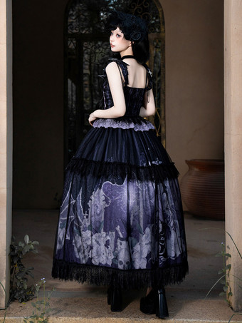 ゴシックロリータドレス レースアップ 花柄 スケルトン クロス ブラック トップ ロングスカート セット