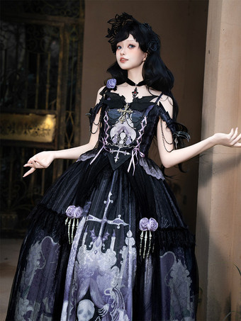 ゴシックロリータドレス レースアップ 花柄 スケルトン クロス ブラック トップ ロングスカート セット