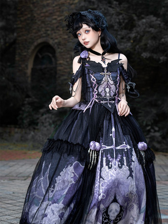 ゴシックロリータドレス レースアップ 花柄 スケルトン クロス ブラック トップ ロングスカート セット