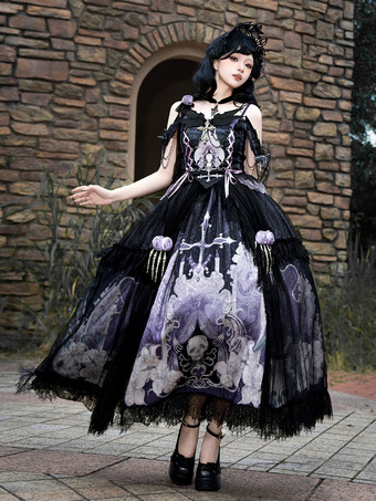 ゴシックロリータドレス レースアップ 花柄 スケルトン クロス ブラック トップ ロングスカート セット