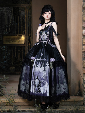 ゴシックロリータドレス レースアップ 花柄 スケルトン クロス ブラック トップ ロングスカート セット