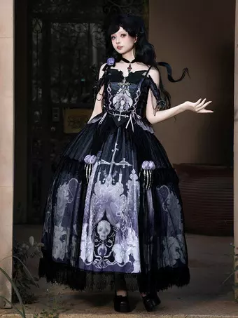 Gothic Lolita Dresses Lace Up Flowers Skeleton Cross Black Top Long Skirt Sets