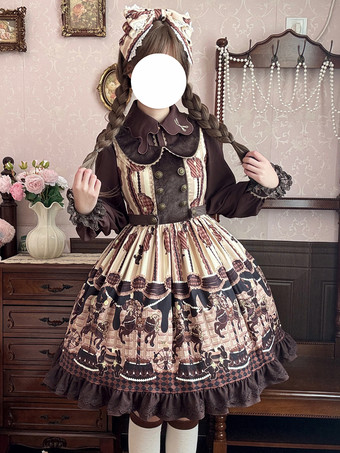 アプリコットクラシカルなロリータドレス コットンリボン ロリータドレス ノースリーブ チョコレートジャンパースカート