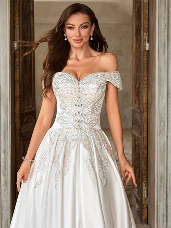 ヴィンテージウェディングドレス ラグジュアリーウェディングドレス ホワイト 大人のウェディング Aライン トレーン付き ストラップレス ビーズ 半袖 ユーロスタイル オープンショルダー