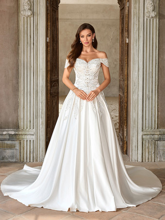 ヴィンテージウェディングドレス ラグジュアリーウェディングドレス ホワイト 大人のウェディング Aライン トレーン付き ストラップレス ビーズ 半袖 ユーロスタイル オープンショルダー