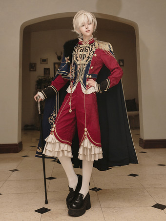 Ouji Lolita Dresses Knight Legion Red Cape Classic Ruffles Long Sleeves Top Pants Cape Sets