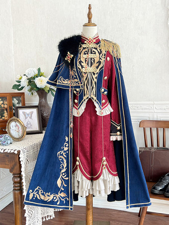 Ouji Lolita Dresses Knight Legion Red Cape Classic Ruffles Long Sleeves Top Pants Cape Sets