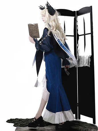 ゴシックロリータドレス フリル ダークネイビー エレガント ビクトリア朝 占星術師トップ ケープレット マーメイドスカート ツーピースセット