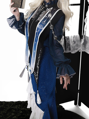 ゴシックロリータドレス フリル ダークネイビー エレガント ビクトリア朝 占星術師トップ ケープレット マーメイドスカート ツーピースセット