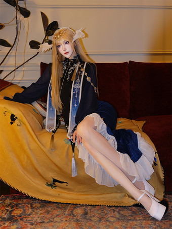 ゴシックロリータドレス フリル ダークネイビー エレガント ビクトリア朝 占星術師トップ ケープレット マーメイドスカート ツーピースセット