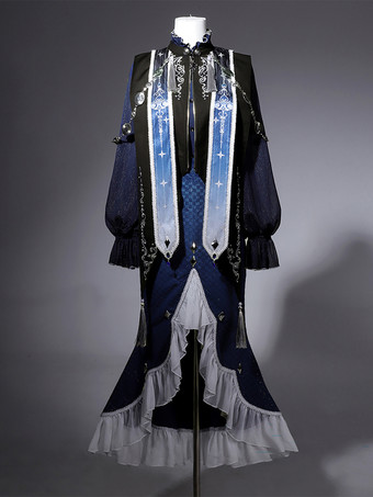 ゴシックロリータドレス フリル ダークネイビー エレガント ビクトリア朝 占星術師トップ ケープレット マーメイドスカート ツーピースセット