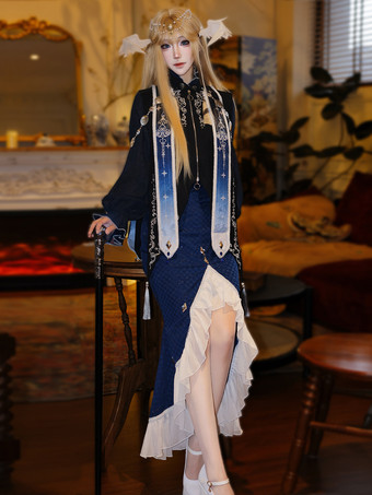 ゴシックロリータドレス フリル ダークネイビー エレガント ビクトリア朝 占星術師トップ ケープレット マーメイドスカート ツーピースセット