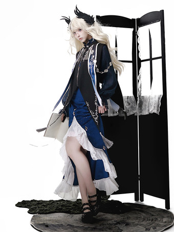 ゴシックロリータドレス フリル ダークネイビー エレガント ビクトリア朝 占星術師トップ ケープレット マーメイドスカート ツーピースセット