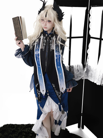 ゴシックロリータドレス フリル ダークネイビー エレガント ビクトリア朝 占星術師トップ ケープレット マーメイドスカート ツーピースセット