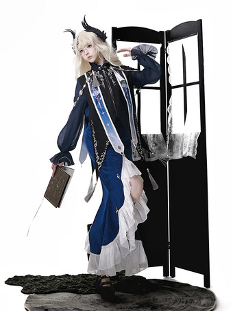 ゴシックロリータドレス フリル ダークネイビー エレガント ビクトリア朝 占星術師トップ ケープレット マーメイドスカート ツーピースセット