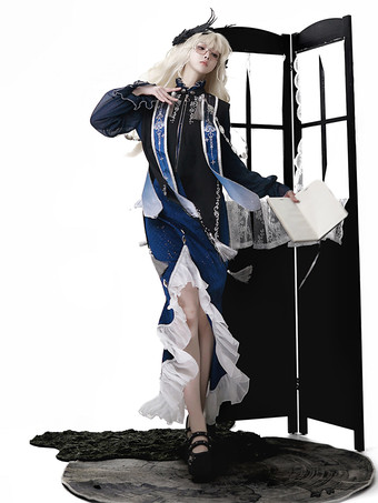 ゴシックロリータドレス フリル ダークネイビー エレガント ビクトリア朝 占星術師トップ ケープレット マーメイドスカート ツーピースセット