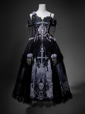 ゴシックロリータドレス レースアップ 花柄 スケルトン クロス ブラック トップ ロングスカート セット