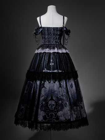 ゴシックロリータドレス レースアップ 花柄 スケルトン クロス ブラック トップ ロングスカート セット