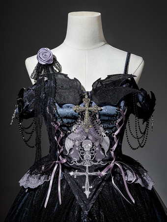 ゴシックロリータドレス レースアップ 花柄 スケルトン クロス ブラック トップ ロングスカート セット