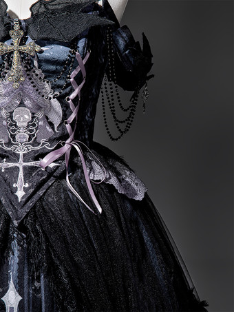ゴシックロリータドレス レースアップ 花柄 スケルトン クロス ブラック トップ ロングスカート セット