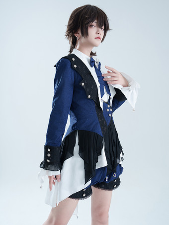 王子ロリータドレス ダークネイビー 長袖 クラシックリボン オーバーコート パンツドレスセット