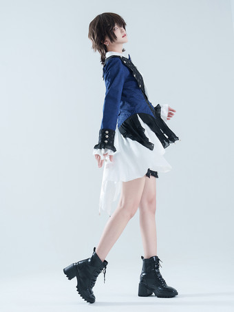 王子ロリータドレス ダークネイビー 長袖 クラシックリボン オーバーコート パンツドレスセット