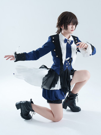 王子ロリータドレス ダークネイビー 長袖 クラシックリボン オーバーコート パンツドレスセット