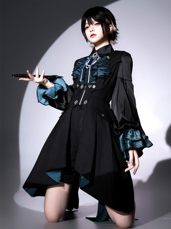 Ouji Lolita Gothic Dresses Black Pants Long Sleeves Classic Ruffles Overcoat Cravat Dress Sets
