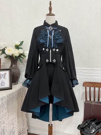 Ouji Lolita Gothic Dresses Black Pants Long Sleeves Classic Ruffles Overcoat Cravat Dress Sets