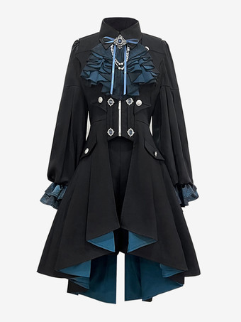Ouji Lolita Gothic Dresses Black Pants Long Sleeves Classic Ruffles Overcoat Cravat Dress Sets
