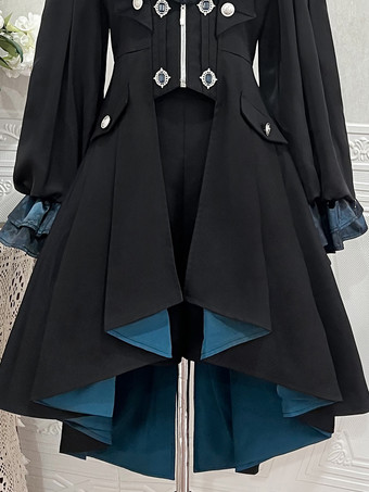 Ouji Lolita Gothic Dresses Black Pants Long Sleeves Classic Ruffles Overcoat Cravat Dress Sets