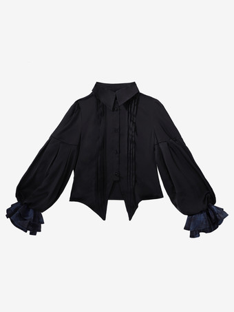 Ouji Lolita Gothic Dresses Black Pants Long Sleeves Classic Ruffles Overcoat Cravat Dress Sets